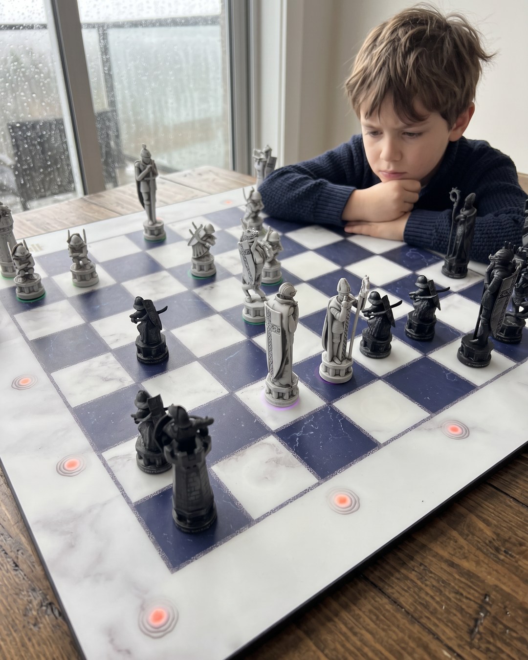 GoChess Wizard, Boy · rainy window · thinking