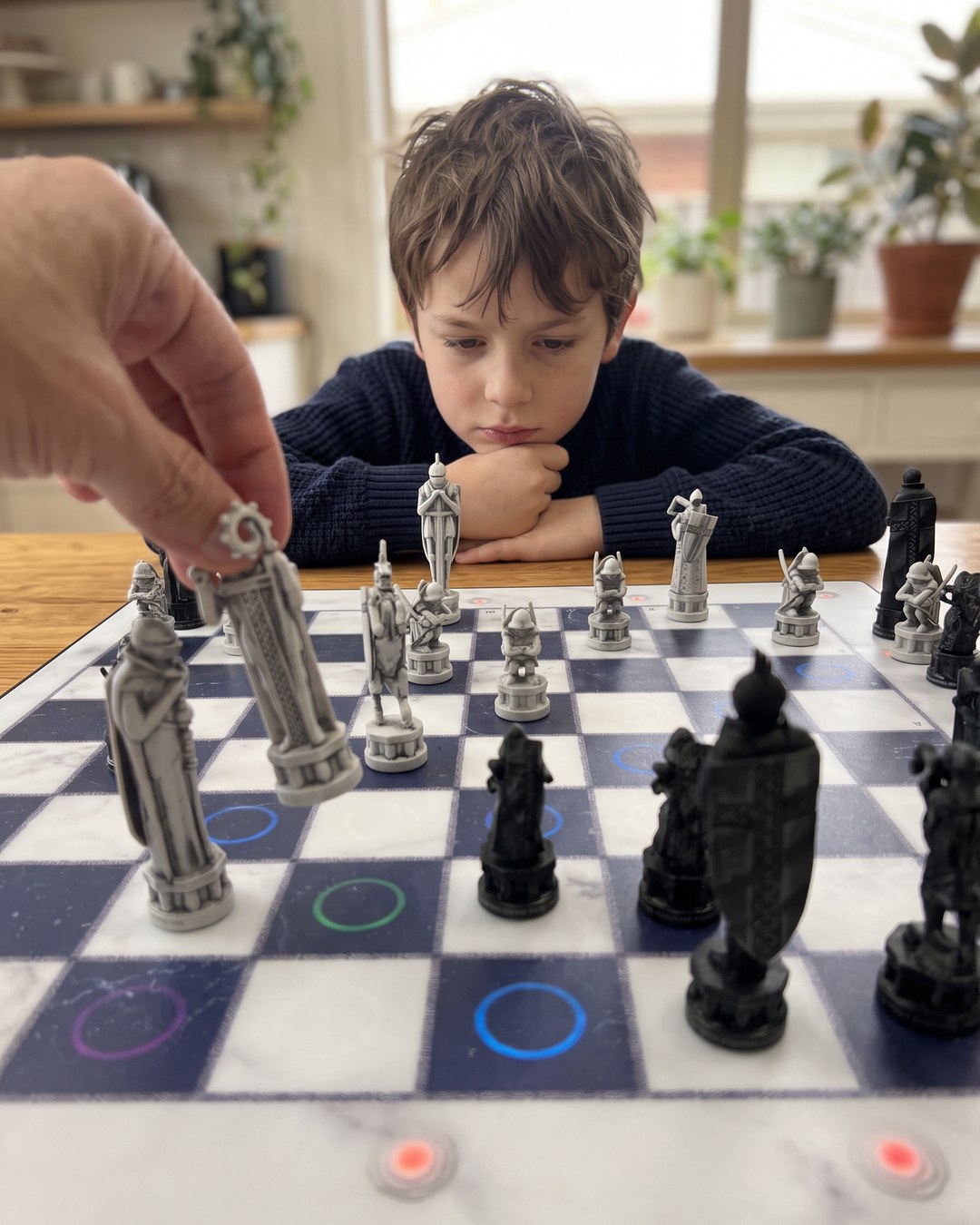 GoChess Wizard, Boy · kitchen · your hand moving · thinking