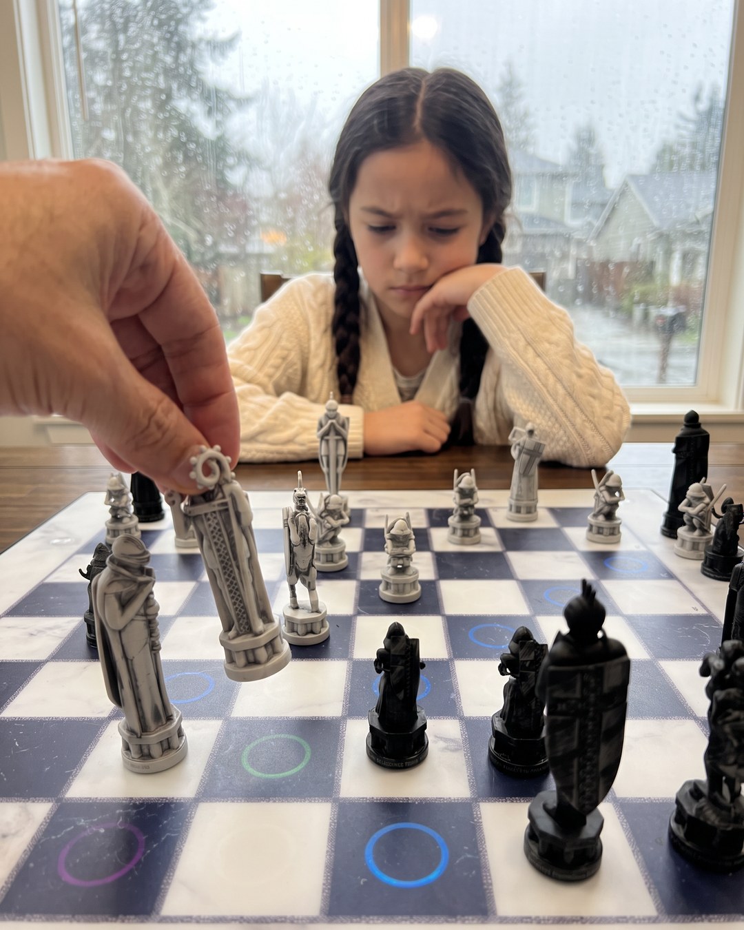 GoChess Wizard, Girl · rainy window · your hand moving · thinking