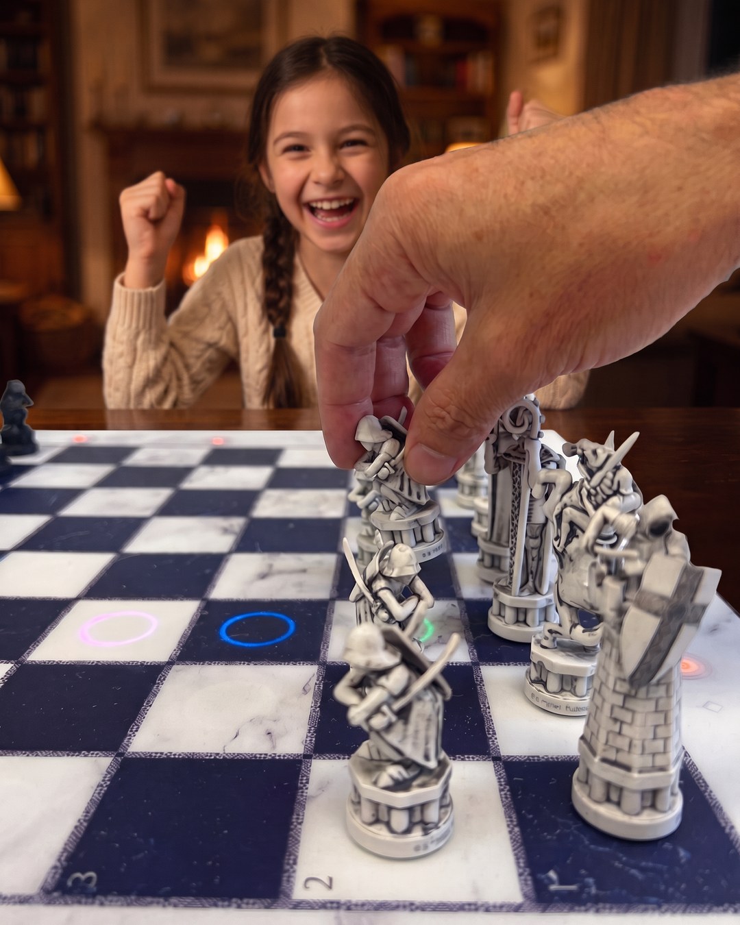 GoChess Wizard, Girl · fireplace · your hand moving · joyful