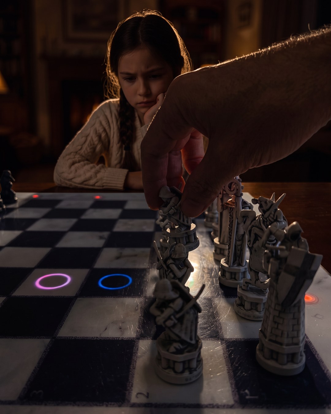 GoChess Wizard, Girl · fireplace · your hand moving · thinking · /rimlight