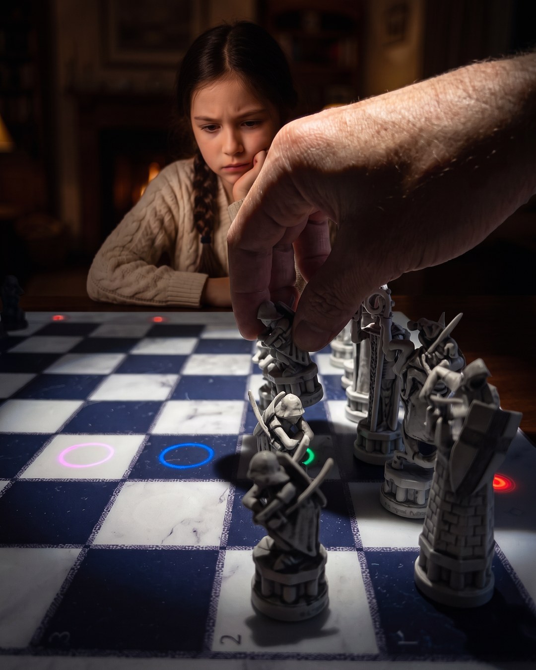 GoChess Wizard, Girl · fireplace · your hand moving · thinking · /spotlight